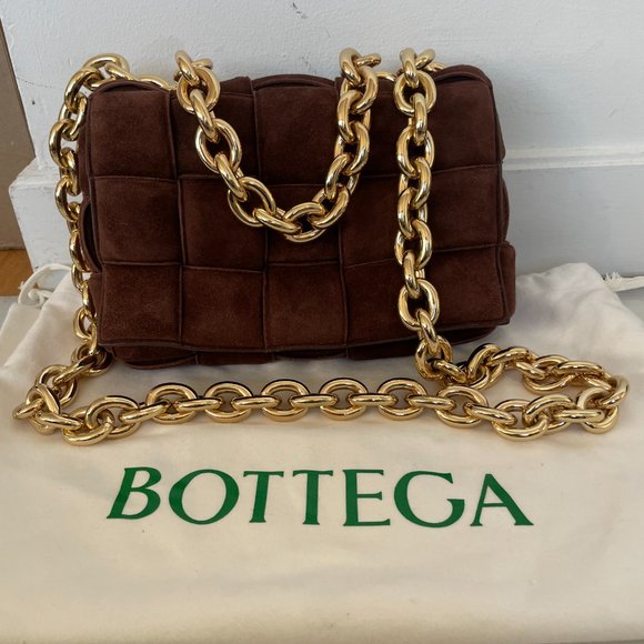 Bottega Veneta Cassette Suede Shoulder Bag Weaved Brown Gold Chain Link Strap - Picture 10 of 10